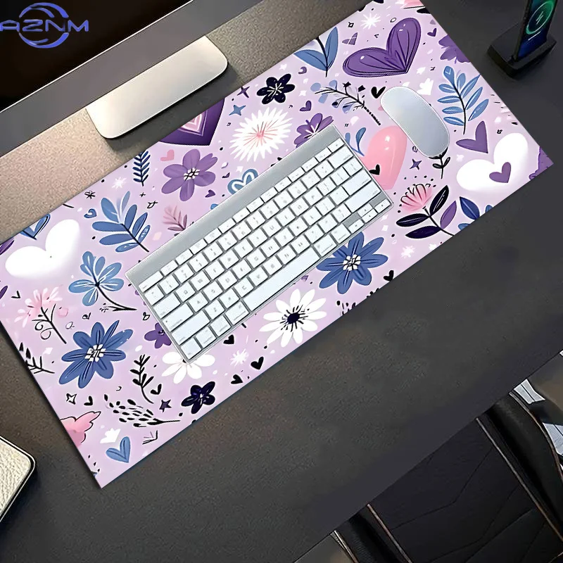 1pc Diatom Mud Extra Large Mouse Pad, Light Purple Background with Floral Heart Pattern, Non-Slip Rubber Base, Smooth Surface, M