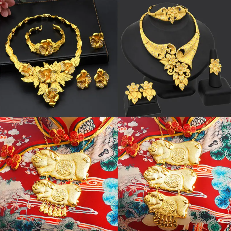 Imagem -03 - Imitação 100 Real Ouro 24k Porco Marca Casamento Colar Feminino Noiva Conjunto de Flores 999 Cor do Ouro Chinês Casamento Jóias