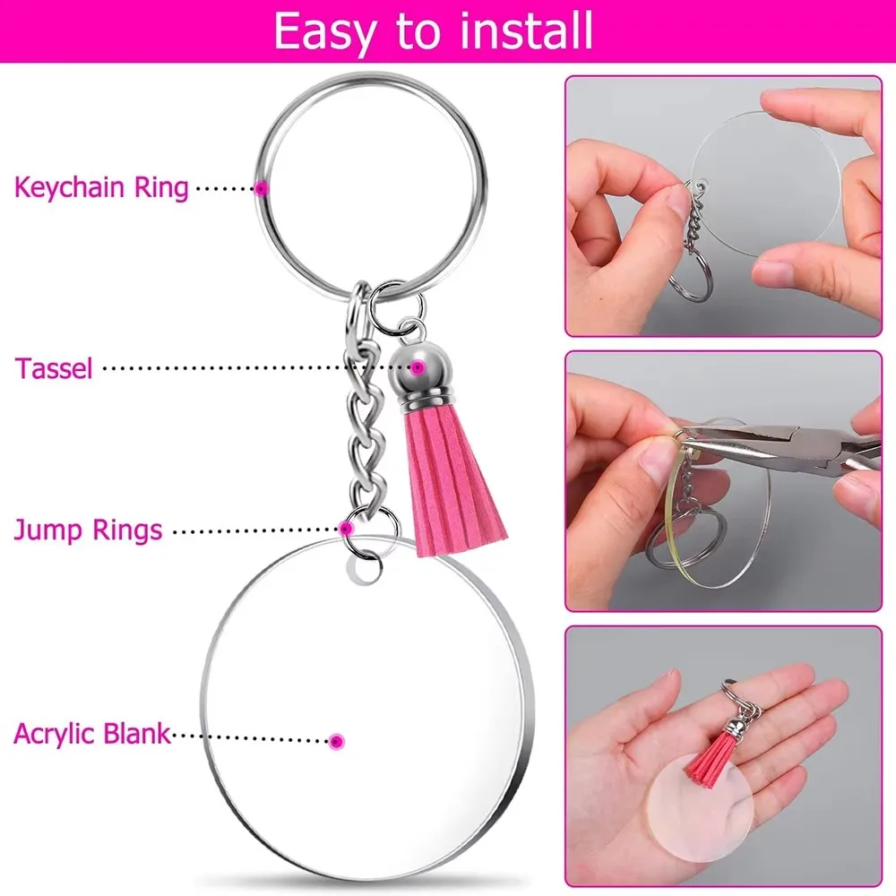 200Pcs Acrylic Keychain Blanks with Rings Clear Key Chains Round Clear Discs Circles Colorful Tassel DIY Crafting Vinyl Projects