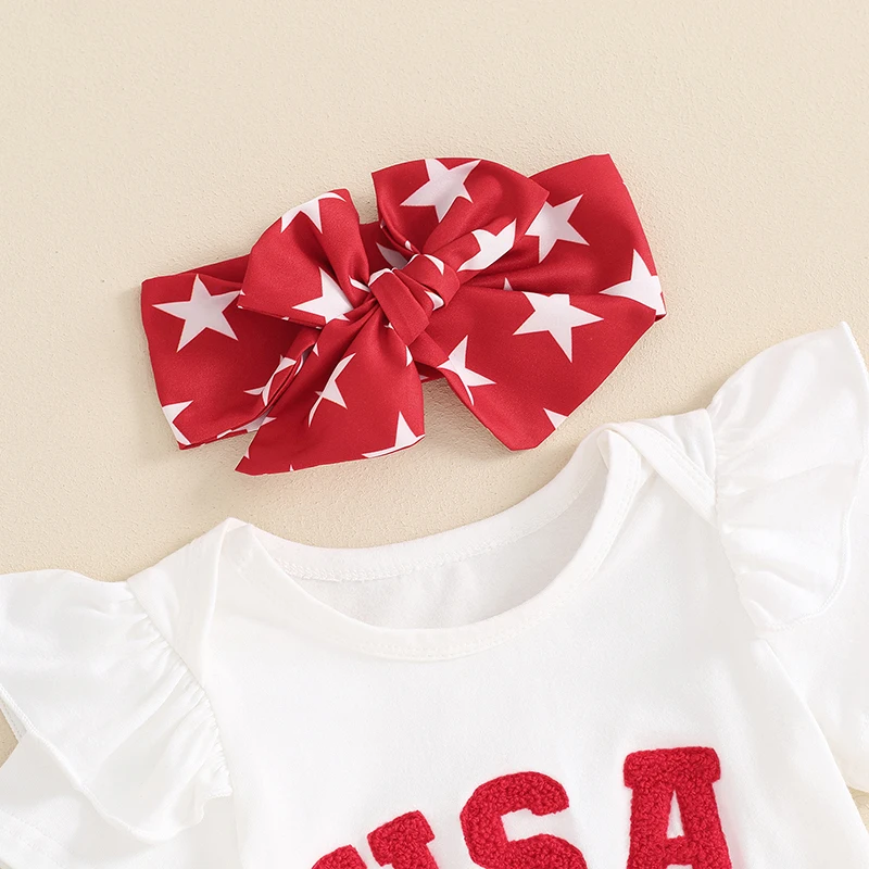 

Newborn Baby Girl 1st 4th of July Flying Sleeve Romper Star Print Tutu Bloomer Shorts Headband Summer 3Pcs Outfit