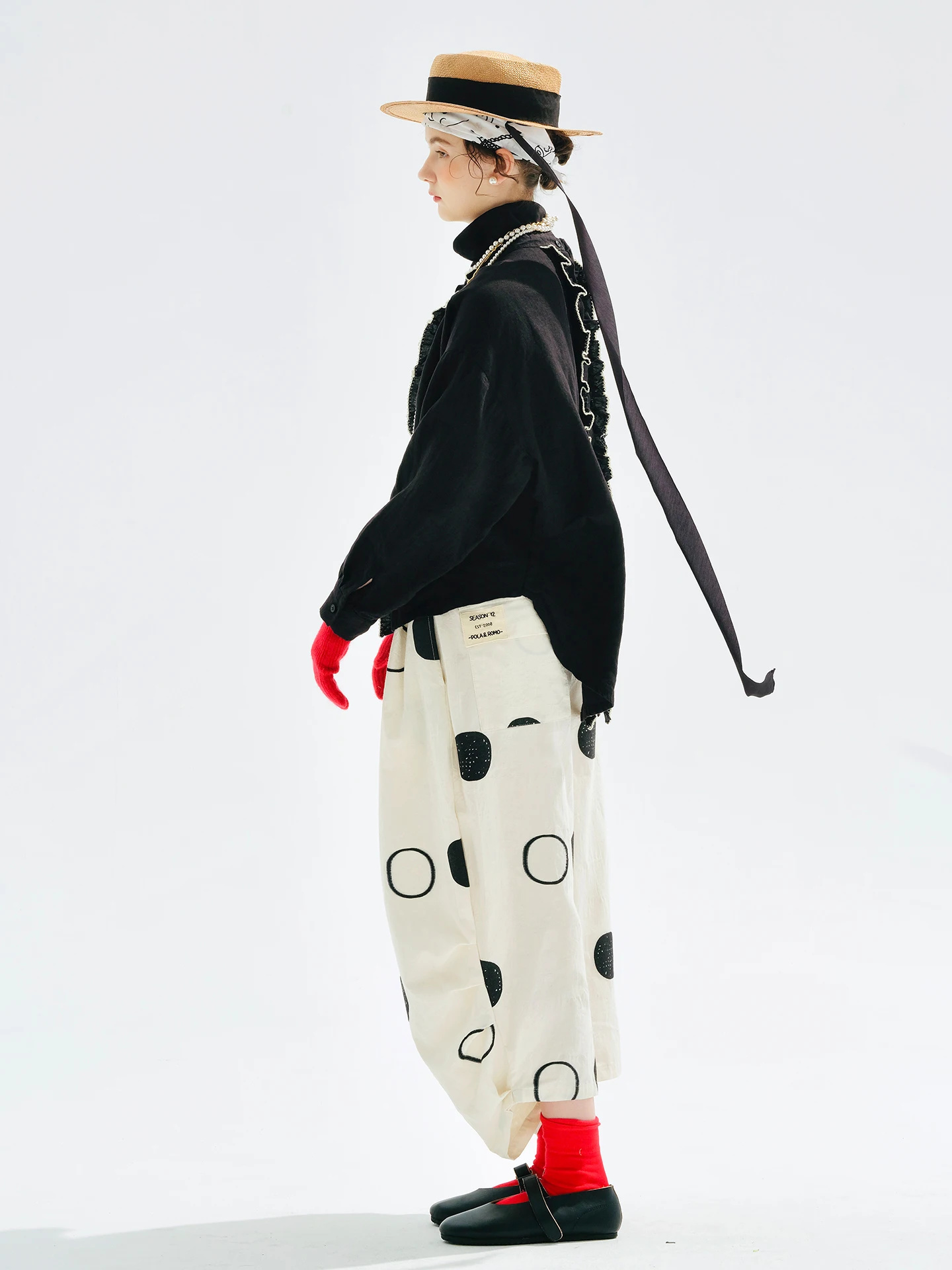 Imakokoni 2025 début automne bord fleuri haut noir décontracté à manches longues femme 255175