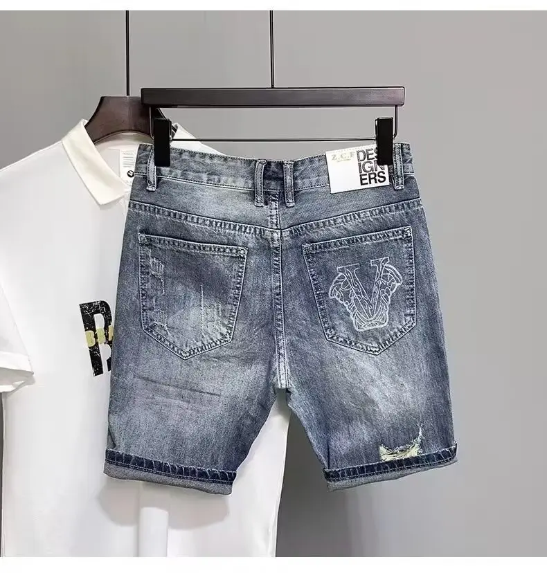 Shorts jeans rasgados masculinos com buracos, jeans masculinos, calças justas, design angustiado, estilo coreano, elegante, verão