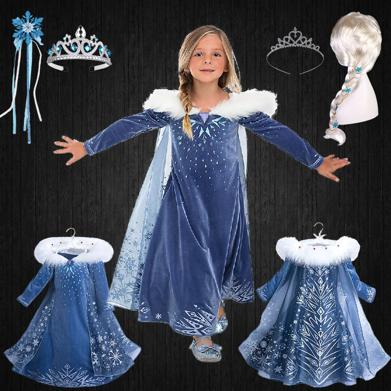 Winter Children Cotton Long Sleeve Elsa Princess Dress Baby Girls Velvet Anna Dress with Snowflake Cloak Ball Gowns for Party