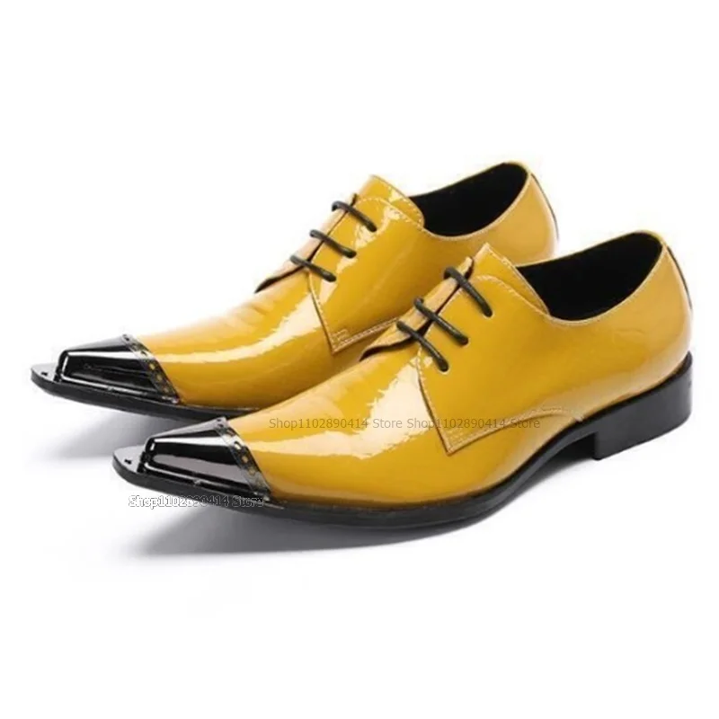 Yellow Strappy Decor Men Loafers Shoes High Quality Patent Leather Men's Shoes Formal Male's Dress Shoes Novel Low Top Shoes