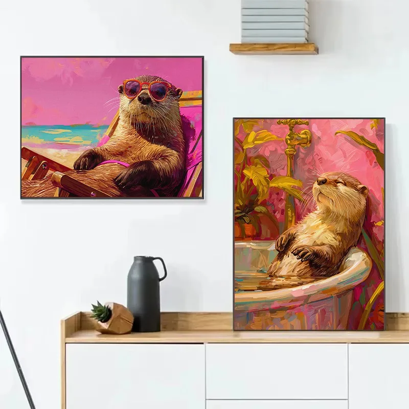 Dopamine Cute Otter Oil Painting Style Colorful Animal Canvas Poster Bright Vivid Pink Series Trendy Kitchen Bathroom Home Decor