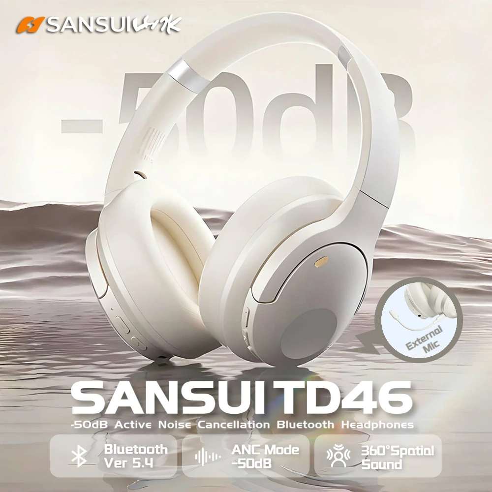 

Sansui TD46 50dB ANC Wireless Bluetooth 5.4 Headphones Active Noise Cancellation Headsets Over-ear Earphones with Detachable Mic