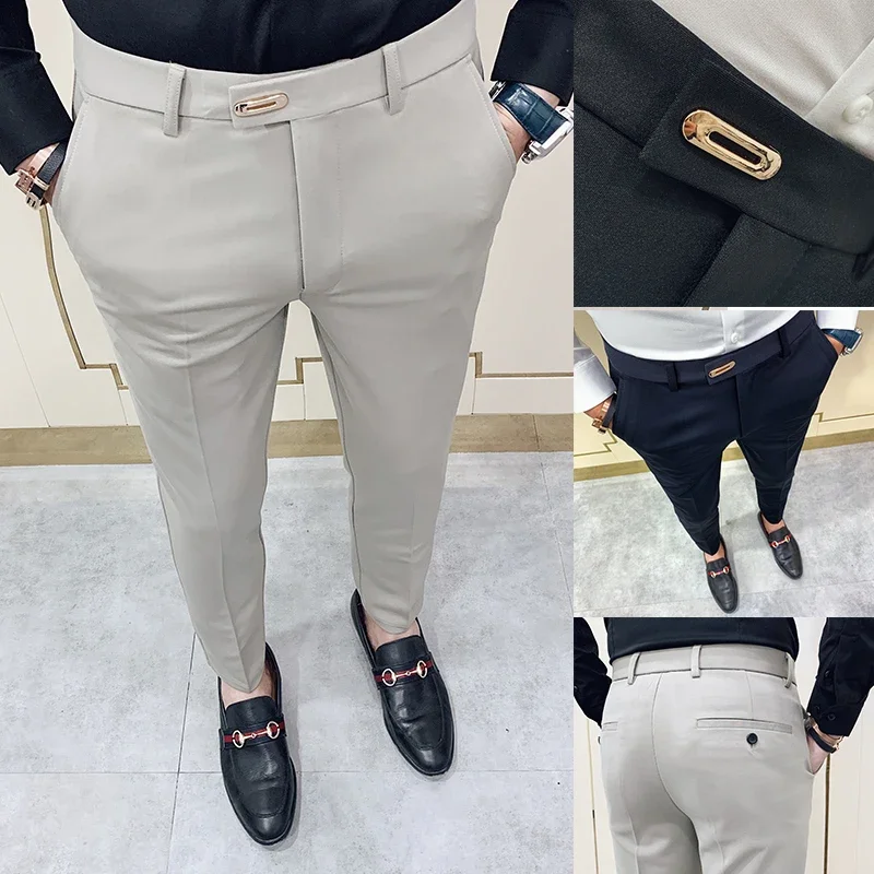 Summer Men Casual Pants  Stretch Slim Straight Classic Blue Black Gray Brand Thin Business Formal Office Trousers Plus Size Men