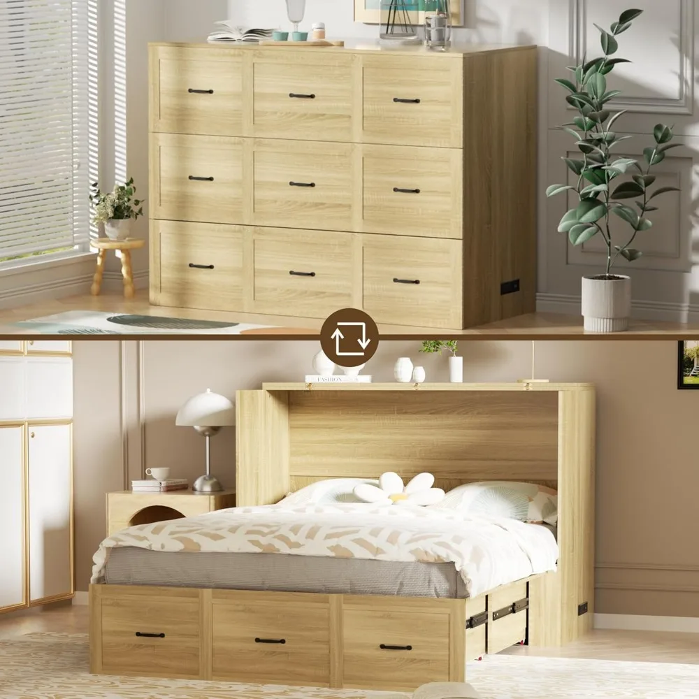 خزانة سرير جدارية خشبية كاملة الحجم من سرير ميرفي مع درج كبير موفر للمساحة ومنصة مخفية قابلة للطي وخزانة متنقلة #6