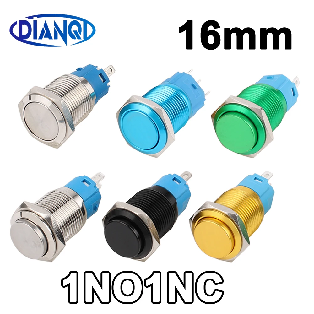 1pc 16mm Mini Metal Push Button Switch Waterproof Momentary Self Reset Oxidation Red Blue Green High Flat Round 3A/250V 3 Pin