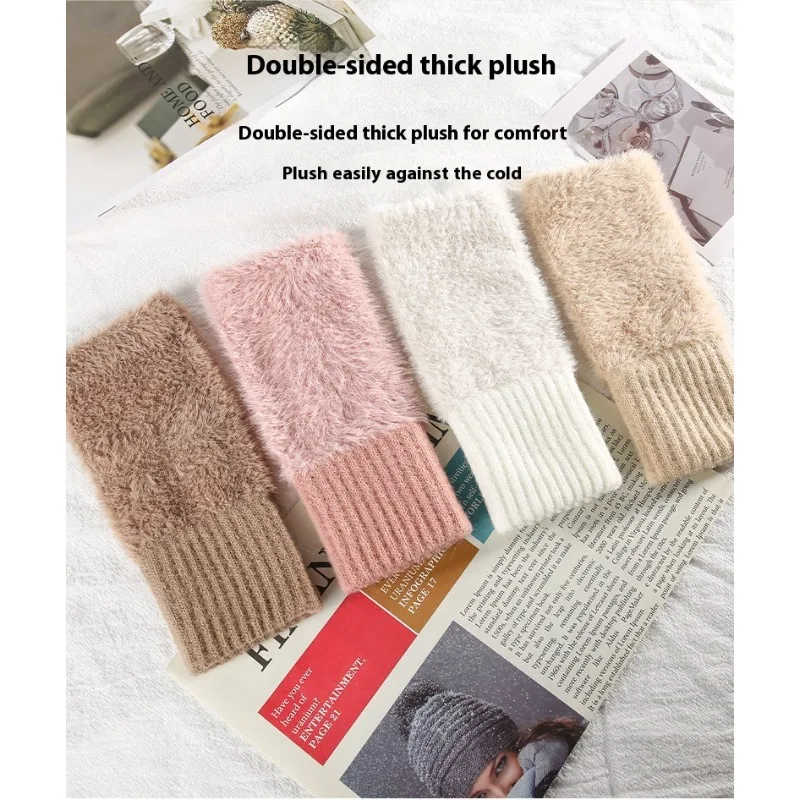 Winter Knit Fingerless Gloves Women Fleece Lined Thermal Keep Warm Touchscreen Half Finger Gloves Outdoor Writing Cold Weather