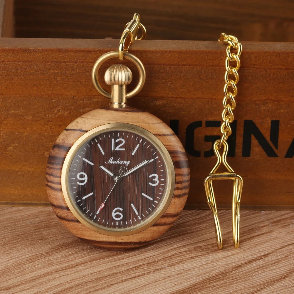 Vintage Quartz Analog Pocket Watch Men Golden Alloy Metal Pocket Chain Wooden Watch Case Retro Pendant Pocket Clock Gift Male