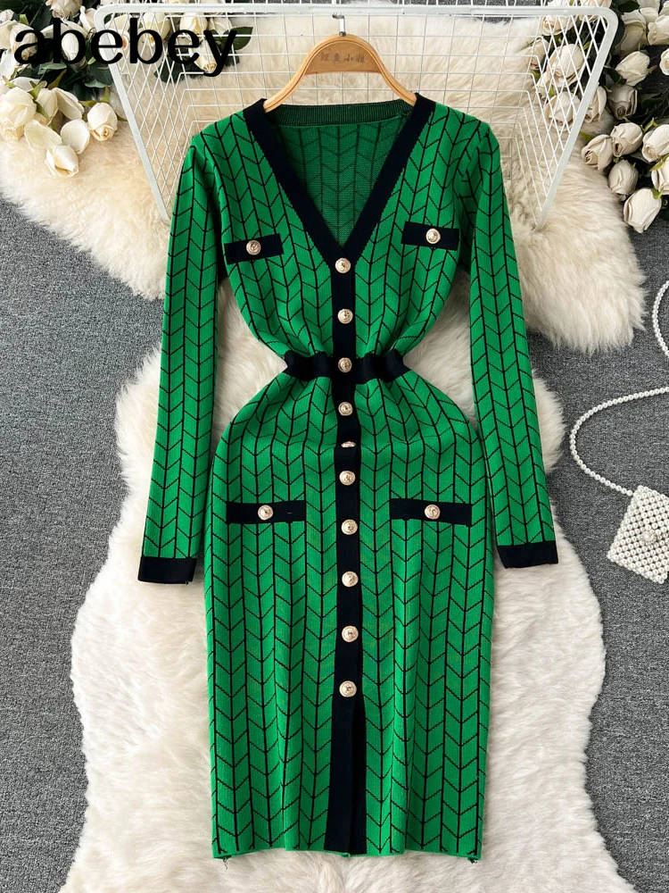 Autumn French Plaid Knitted Dress Women V Neck Sweater Sheath Hight Quality Dress Elastic Waist OL Warm Midi Long Dress