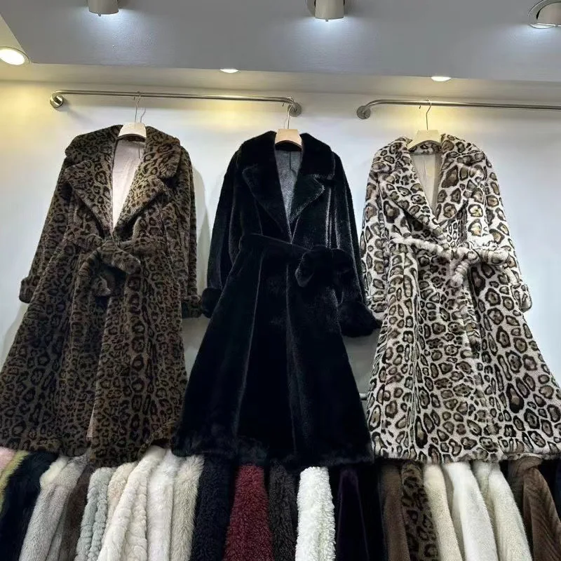 

Women Print Faux Fur Cardigan Warm Thick Turn Down Collar Long Coats Belt Lace Up Loose Jackets Furry Outwear Pocket Winter 2025