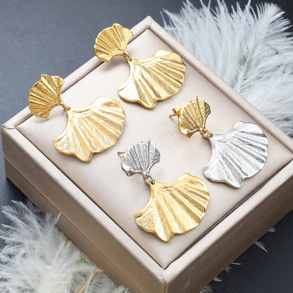 Ginkgo Flower Stainless Steel Earrings for Women Gold and Silver Color Hanging Earrings French Vintage Sweet Pierced Earrings