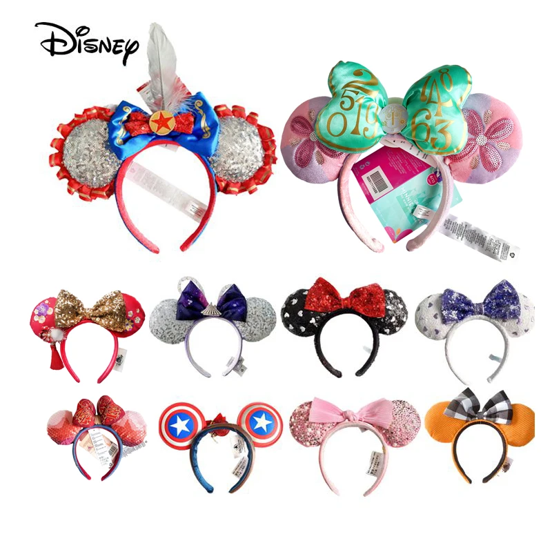 Disney Mickey Minnie Mouse Ears Headband Space mountain Lunar 2024 Minnie Bow Pink Sequins Cartoon Anime Headdress Headband Gif