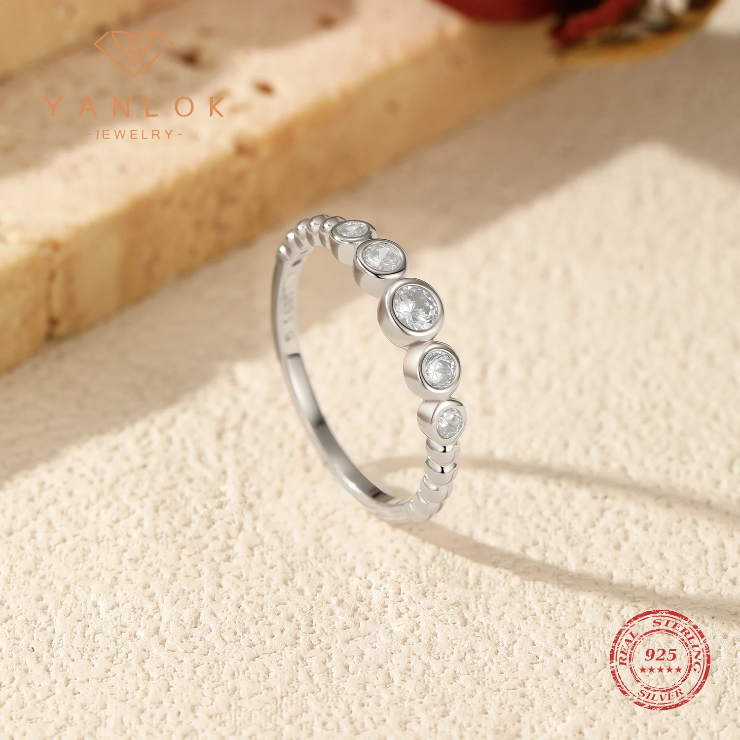 YANLOK 925 Sterling Silver Fashion Beads Stacking Rings Round D Color Moissanite Finger Rings For Women Fine Jewelry