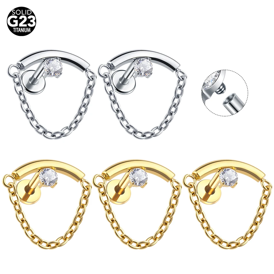 1/5PCS Titanium Hidden Curved Chain Marquise CZ Drape Internally Threaded CZ Cartilage Helix Stud Earring Piercing Women Jewelry
