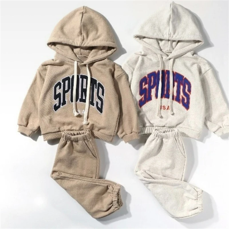 Korean Version of The Children's Autumn New Suit Boys and Girls Simple Foreign Letters Hooded Terry Sweater Casual Two-piece Set