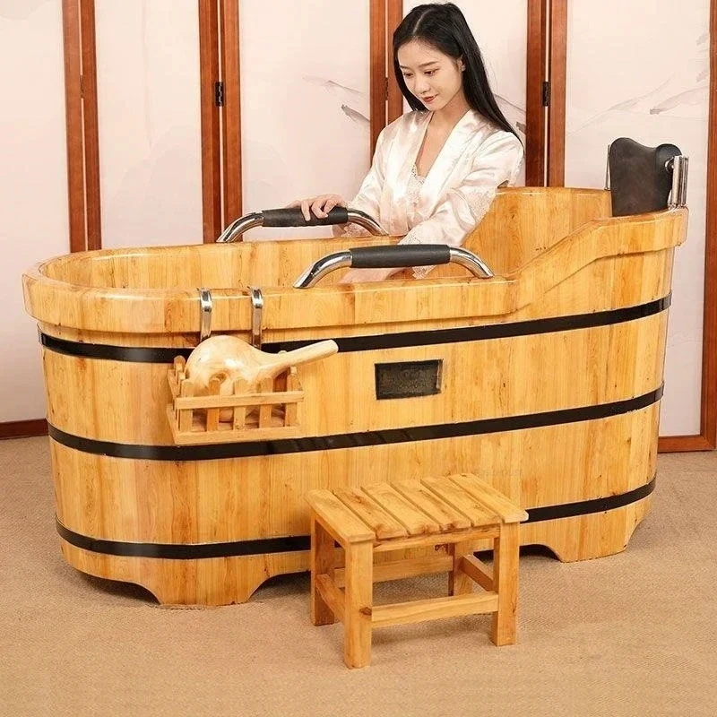 

Portable Bathtubs Wooden Barrel Sweat Steaming with Cover Home Full Body Adult Bath Barrel Adult Home Beauty Salon Bath Tub Tub