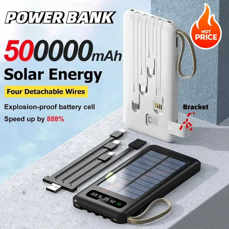 

Солнечная батарея 50000 мАч, большая емкость, мобильная батарея для быстрой зарядки, двойной USB, 4 кабеля для iPhone, Samsung, Huawei