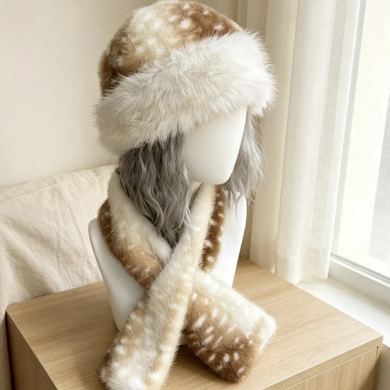 Kawaii Deer Spots Faux Fur Bucket Hat Scarf Gloves for Women, Sweet Lolita Bambi Print Plush Winter Accessory, Ins Y2K Warm Hat