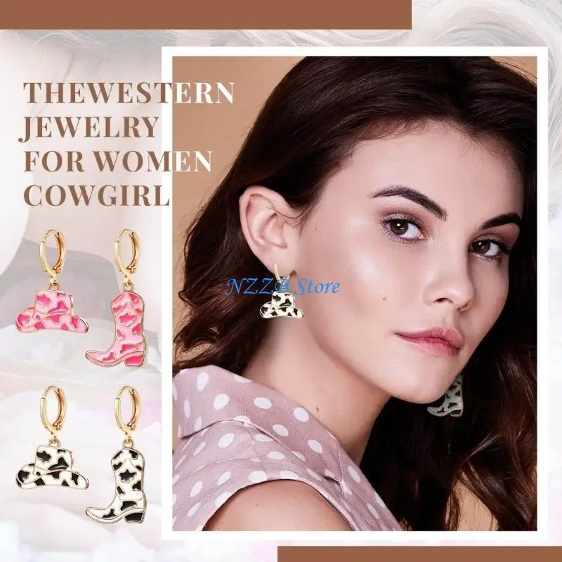 

T21F Asymmetrical Dangle Earrings Stylish Western Boot and Hat Earrings for Valentines Day Gifts Western Cowgirl Earring Gift