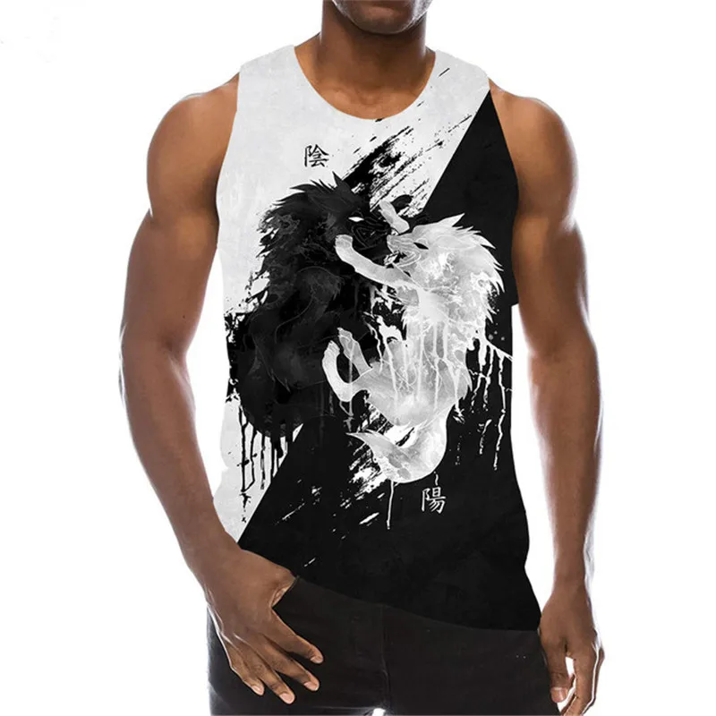 Animal Wolf Pattern Tanks Tops Sleeveless Round-Neck Street Style 3D Print Vest 6XL Plus Size Man Clothing Loose Casual Top