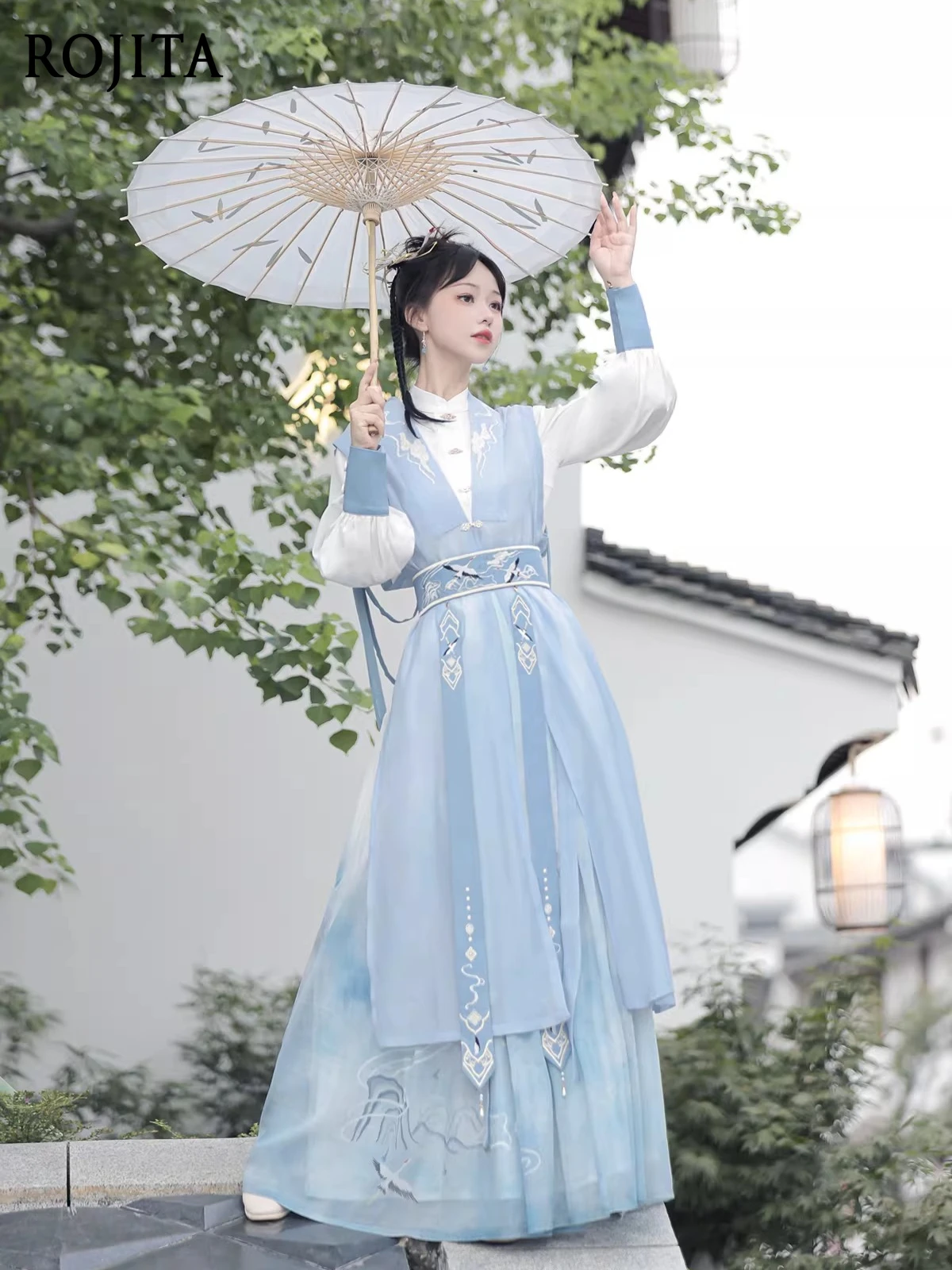 

Ancient Chinese Hanfu Dress Blue Embroidery Traditional Cosplay Costume for Party Women's Top + Vest + Waist Seal + Skirt