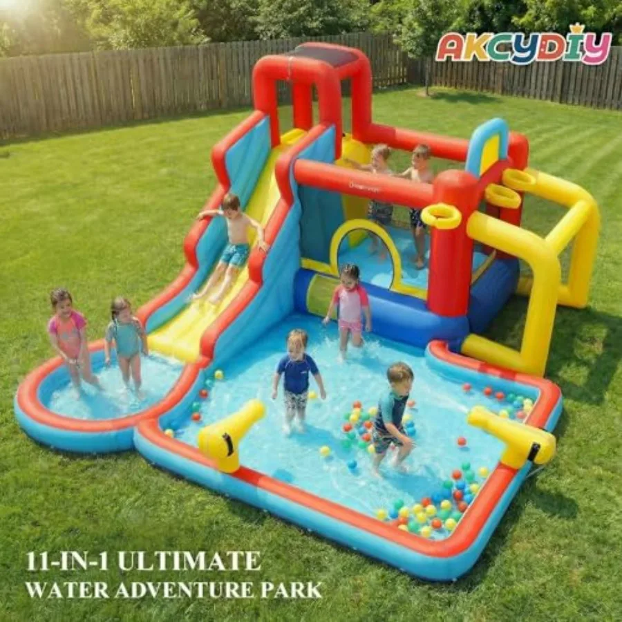 Outdoor water park bounce house for ages 3-12: inflatable slide, basketball hoop, splash pool; PVC material, blue and yellow; d