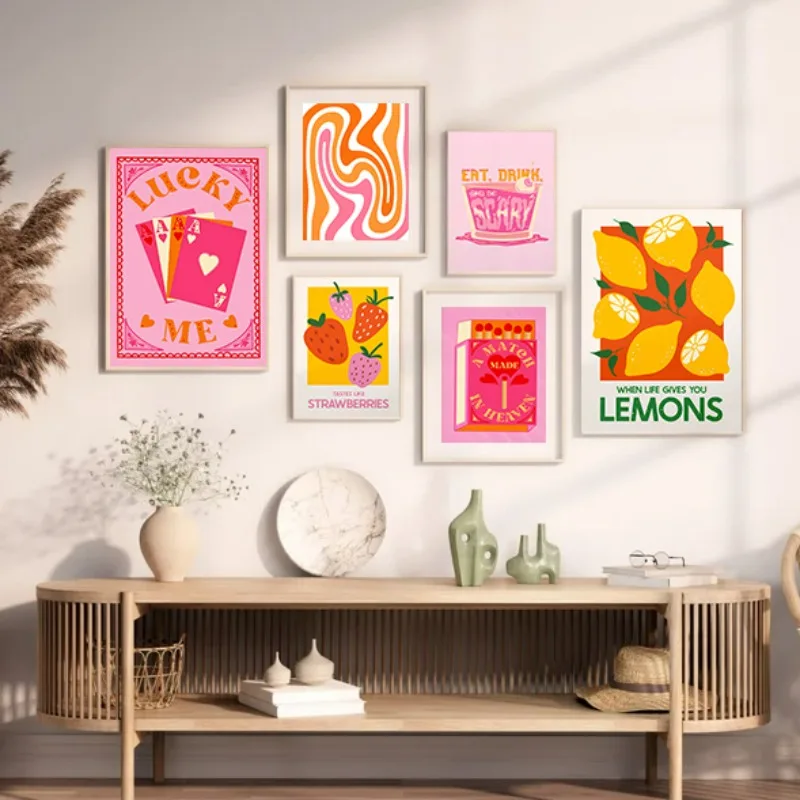 

Pink Orange Colourful Canvas Painting Strawberry Lemon Decorative Poster Modern Avant-Garde Girls Bedroom Decorative Wall Art