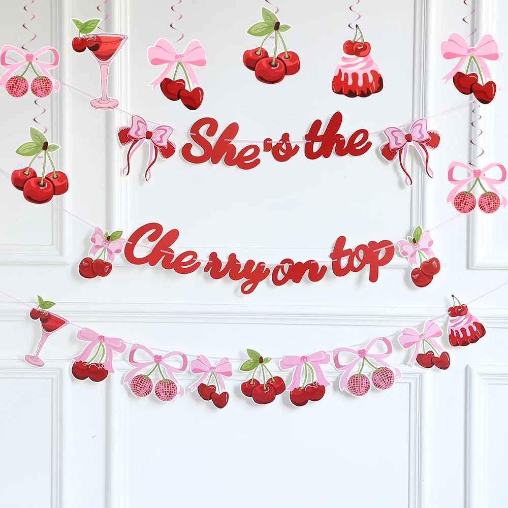 Decoración en espiral con tema de cereza, cartel de ella es la cereza mi en la parte superior, decoración para fiesta de compromiso, cumpleaños, boda, suministros para Baby Shower