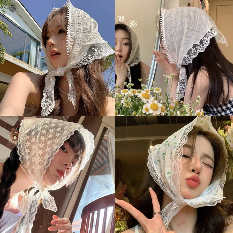 

Premium French Lace Triangle Head Scarf Women Summer Thin Breathable Sun Protection Versatile Fashion Ribbon Hair Band