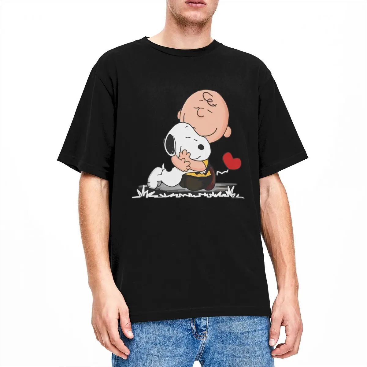 Mens T-Shirt Peanuts Charlie Brown And Snoopy Heart T Shirts Hip Hop Beach Tees Vintage Print Cotton Clothes Plus Size 5XL