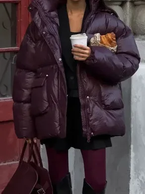 

Women's winter lapel style dark red zipper large pocket thick warm hat coat/same fabric vest