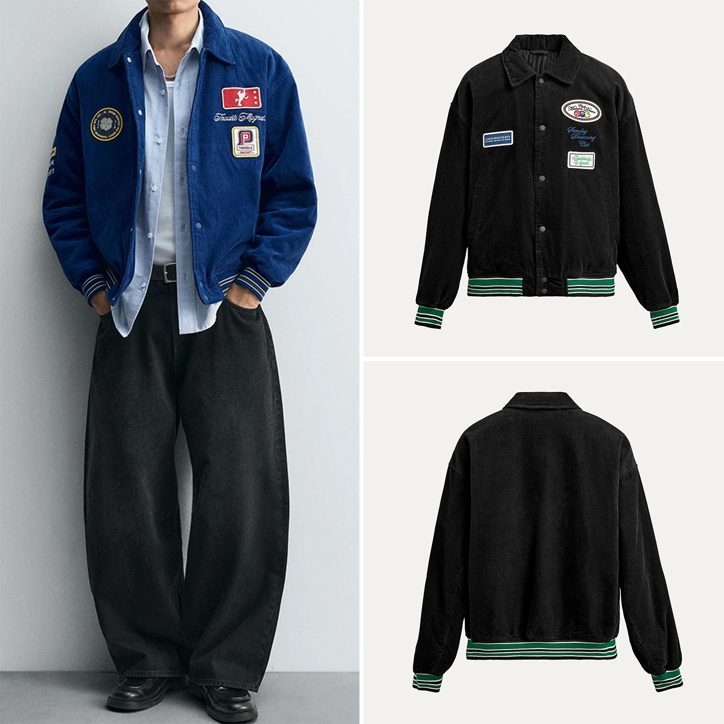 

Faionable Embroidered Patch Corduroy Jaet Men's Loose Fit Long Sve Casual Sle Collar Zipper Closure Autumn New Arrivals