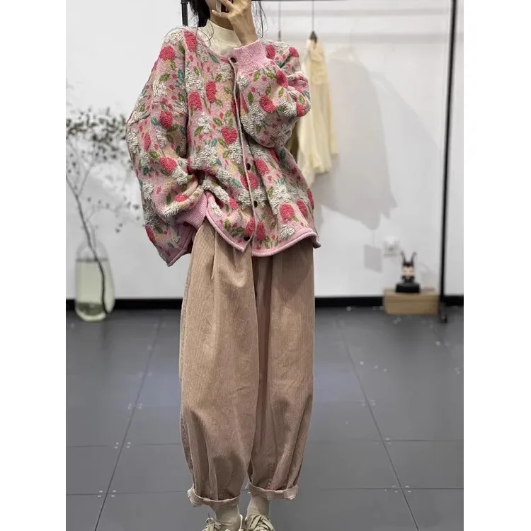 Runde Ne Gestrickte Pullover Mantel Casual Lose Sle mit Blumenmuster für Frauen Herbst Winter Neue Ankunft Ele Abnehmen