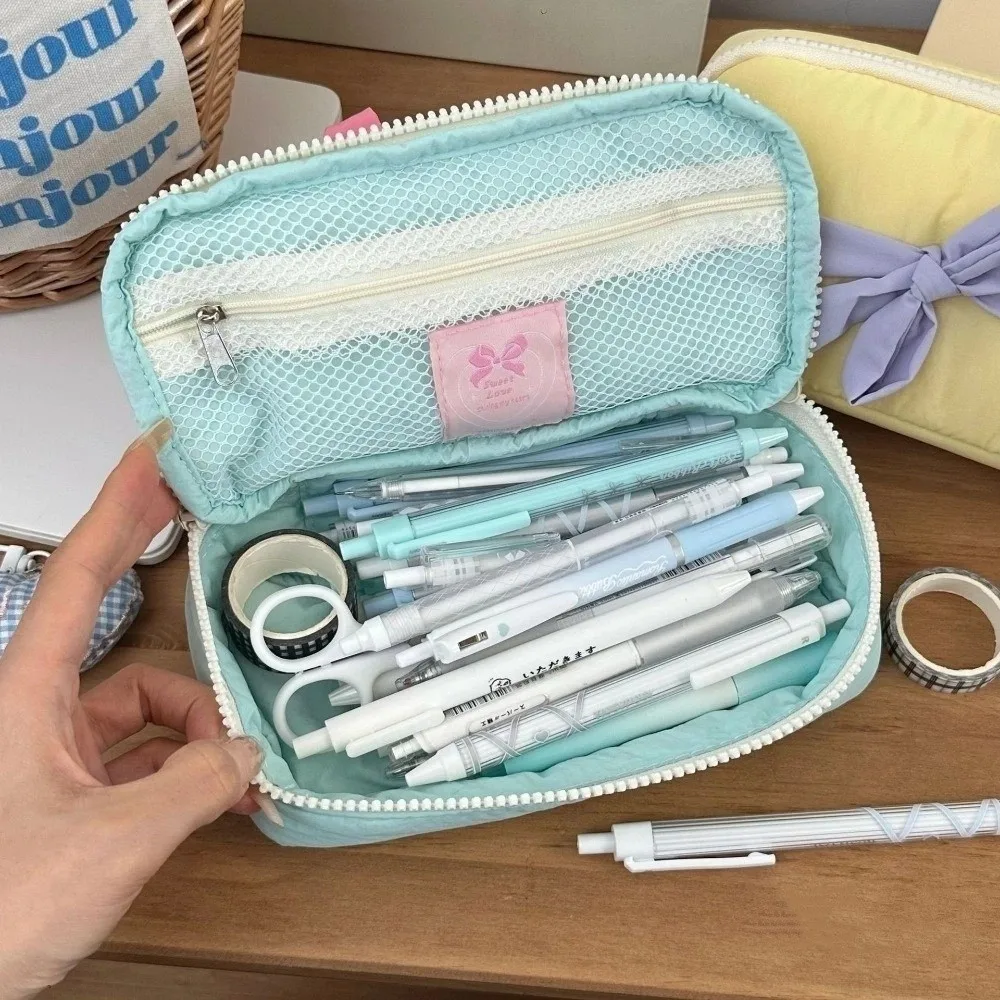 Сумка для канцелярских принадлежностей с бантом, настольная сумка для хранения, эстетический пенал в корейском стиле, большая вместительная сумка для карандашей с бантом, школьная сумка