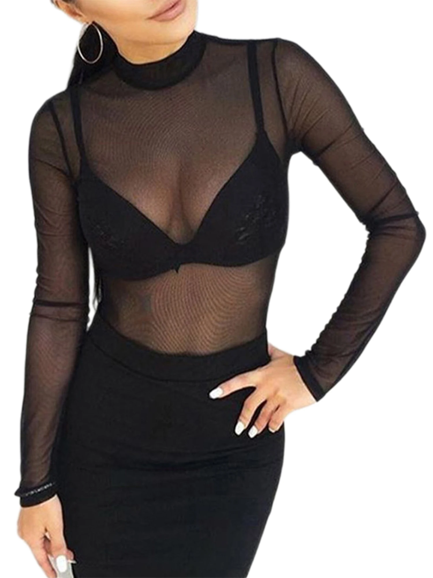 

Women Y2K Sexy Sheer Mesh See-Through Shirts Long Sleeve Turtleneck Sparkle Tee Blouse Tops Clubwear