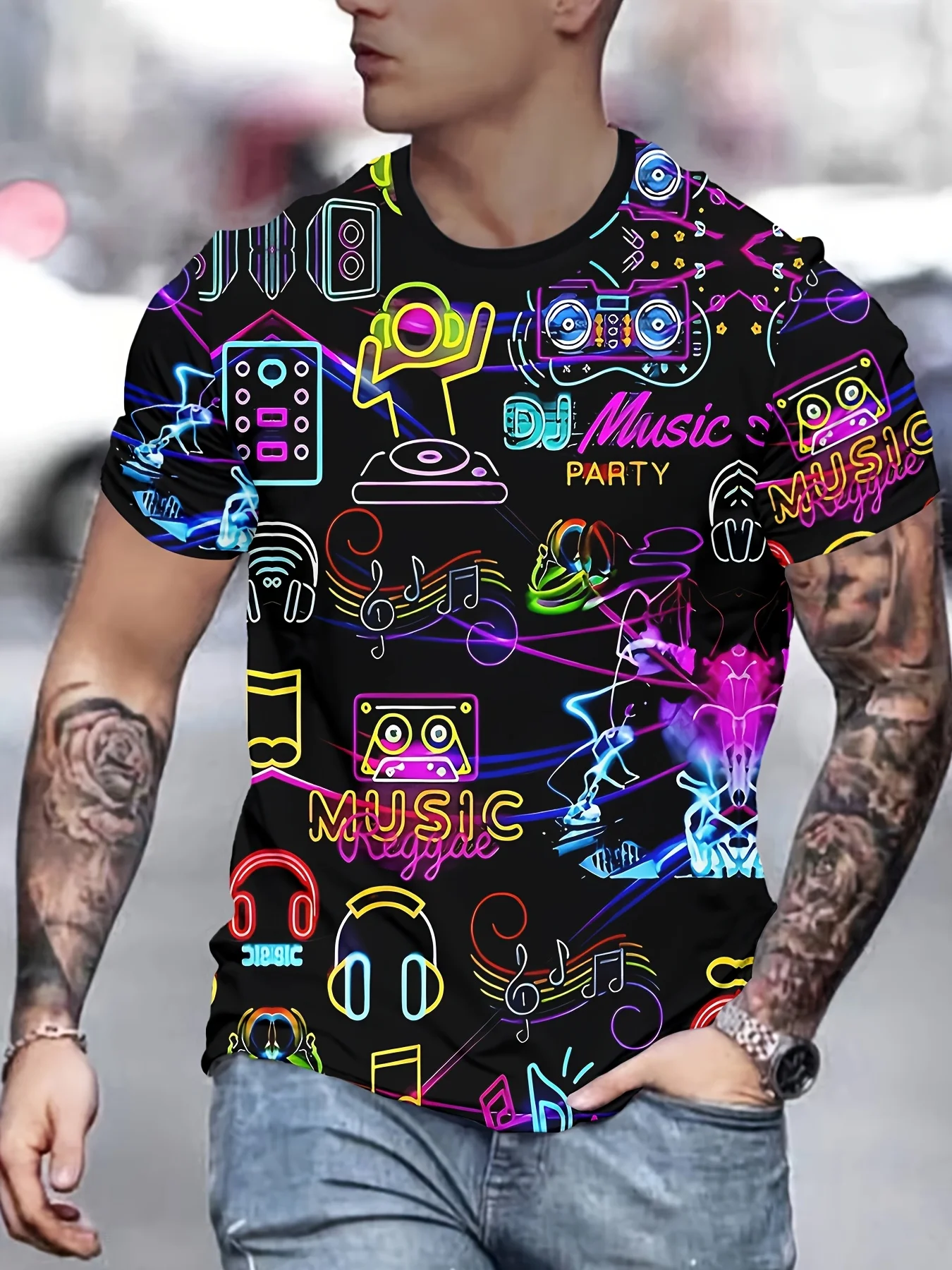 Herren Neon DJ Musik Party Print T-Shirt Schwarz Bunte Noten Kopfhörer Streetwear Tee – Detail 2