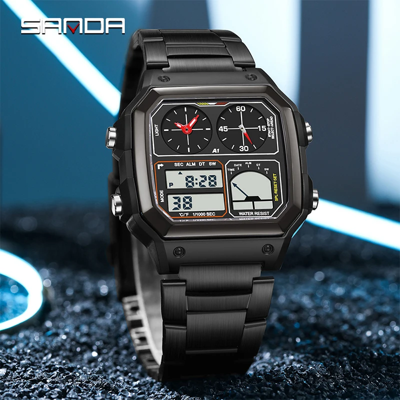 SANDA موضة جديدة الساعات الإلكترونية للرجال التقويم مضيئة مقاوم للماء الصلب حزام الرياضة ساعة يد رجالي هدايا reloj hombre