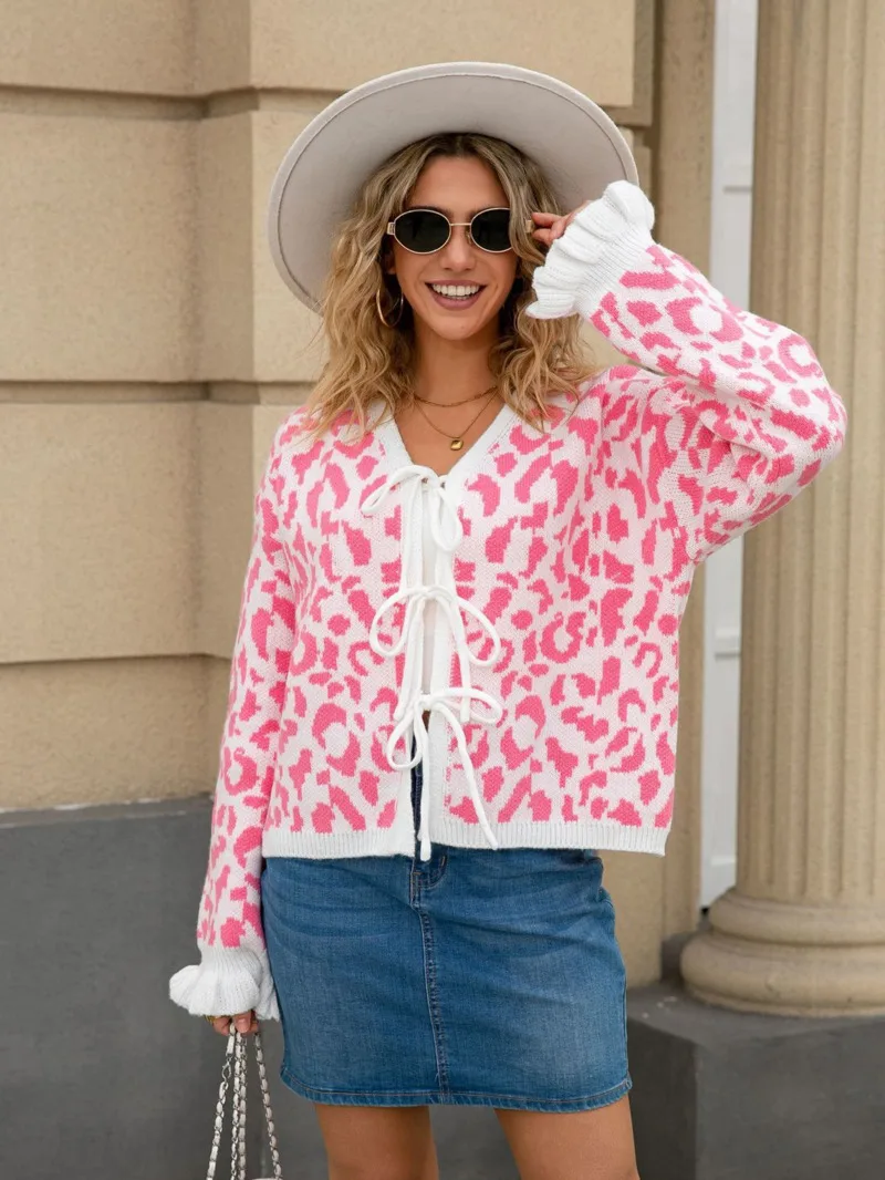 العصرية ليوبارد طباعة سترة للنساء 2025 الخريف جديد القوس الجبهة تكدرت الأصفاد تنوعا سترة القمم للمظهر غير الرسمي والأزياء