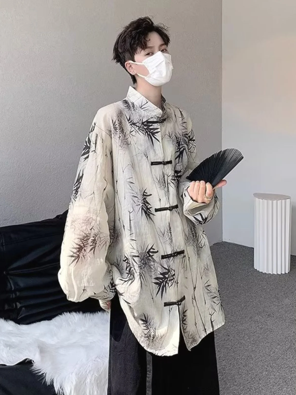 

Ele Long Sve Men's irt Watercolor Print Loose Fit Traditional Chinese Sle Button up Faionable Youth lin irt