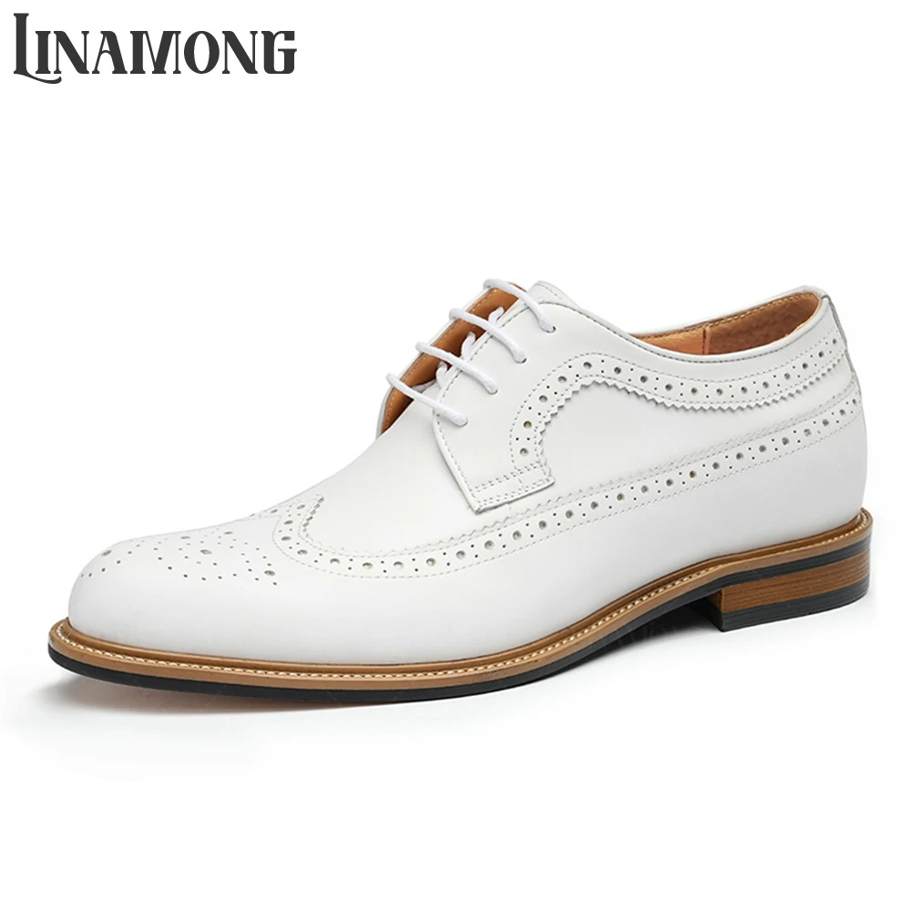 

White Genuine Leather Carved Shoes British Retro Style Lace up Handmade Shoes Almond Toe Designer Business Dress Shoes for Men