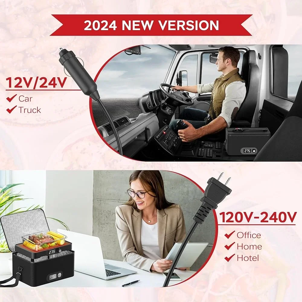 Tragbarer elektrischer Ofen, Speisenwärmer, 12 V, 24 V, 110 V, 240 V, Mini-beheizte Lunchbox, Aufwärmen, Mahlzeit überall kochen, automatische Temperaturregelung