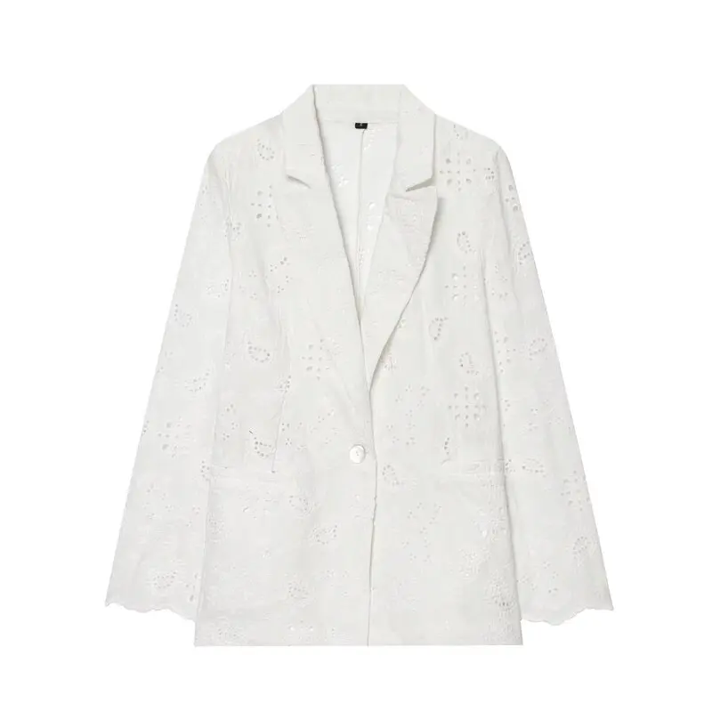 Elegant Long Sleeve Embroidered Slim Fit Suit Jacket Women's Fashion Spring Summer New Arrival Hollow out Design Button Closure