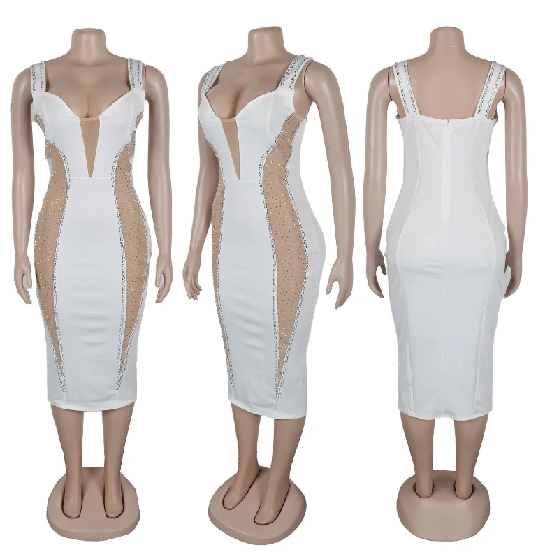 Sexy Spaghetti Band V-hals Bandage Bodycon Jurk Vrouwen Elegante Mesh Patchwork Diamanten Cocktail Party Jurken Vestidos Midi