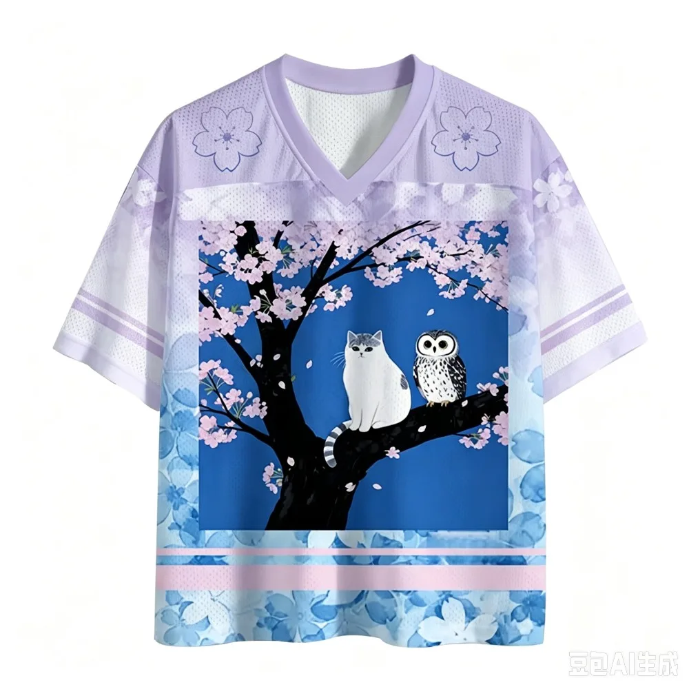 Katze, Eule, Kirschblüte, 3D-Druck, Herren- und Damen-T-Shirt mit V-Ausschnitt, lässig, locker, atmungsaktiv, Street-Hip-Hop-Trend, kurzärmeliges Oberteil. – Detail 7