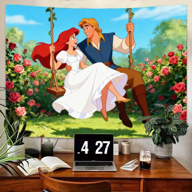 

1PC Disney Ariel & Eric Tapestry Romantic Swing Rose Garden Wall Art for Bedroom Living Room Aesthetic Decor Gift for Princess F