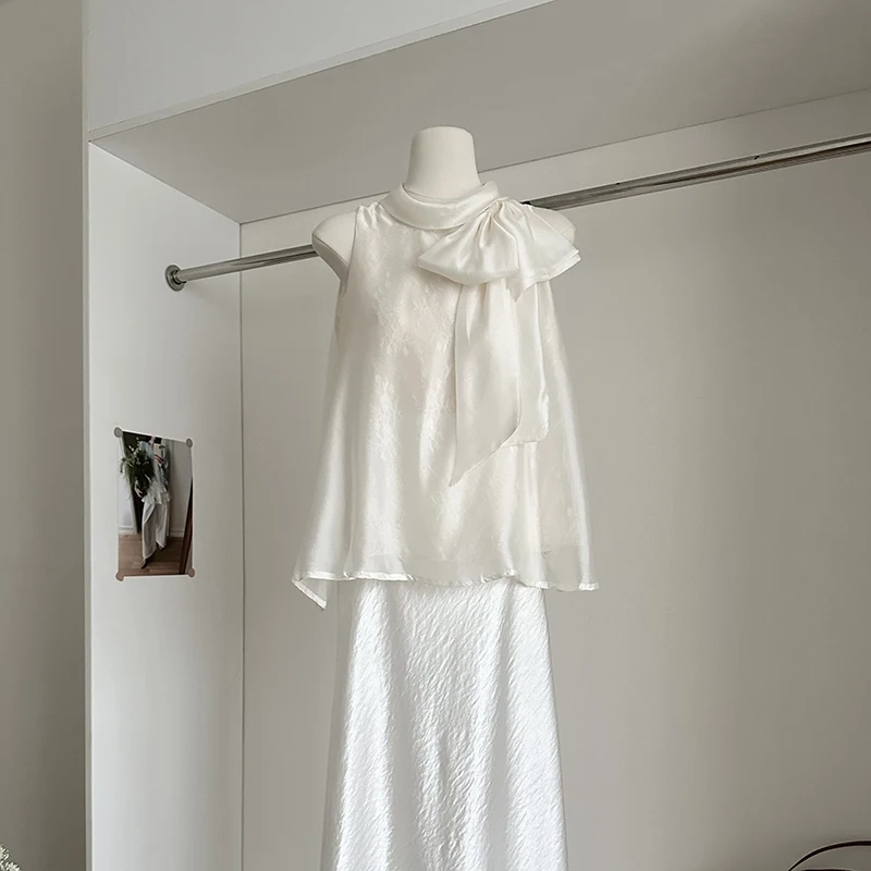 Bow Tie Up Shirt Women Summer Sexy Loose Sleeveless Vest Tops French Elegant Harajuku Lace Patchwork O Neck Chiffon Blouse New