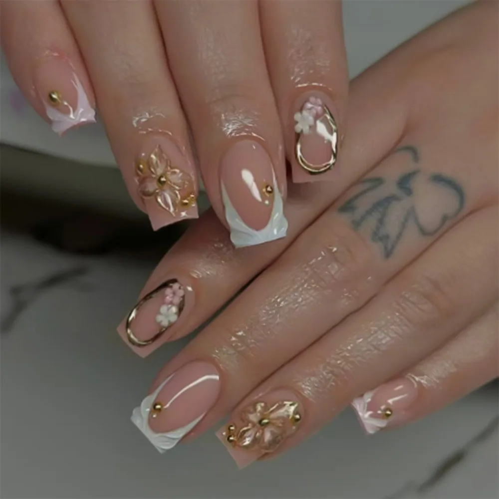 

24pcs Fashion Long Square False Nails Sweet Pearl Flowers Full Cover Press on Nails Detachable French Nail Tips Women Girls